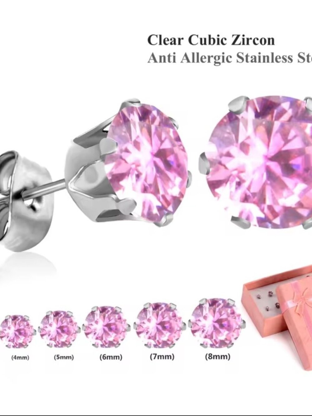 Stainless Steel Anti-allergy Earrings Cubic Zirconia, Pink N Silver, 6-pair box